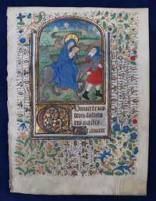 Original MEDIEVAL vellum leaf with a painted Miniature *Flight into Egypt*, dated about 1450 A.D. France.