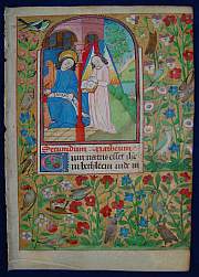 Illuminiertes Manuskript auf Pergament, "Der Evangelist Matthaeus mit dem Engel". Bourges, Frankreich,  um 1480 A.D.