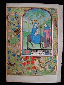 Original aus dem Mittelalter, Stundenbuch Blatt mit Miniatur-Malerei *Flucht nach Ägypten*, um 1470 A.D.Bourges, Frankreich.